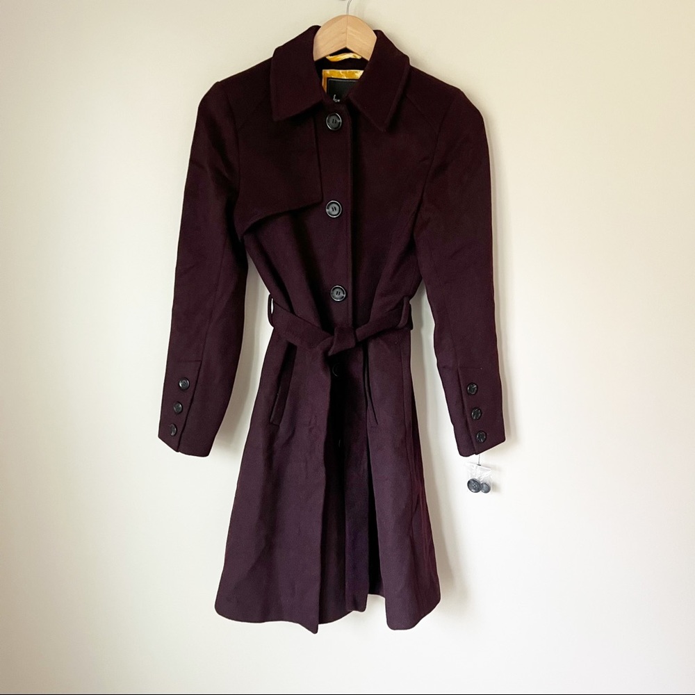 Sam Edelman Belted Wool Blend Trench Coat Wine Burgundy 2 NWT - Picture 3 of 14